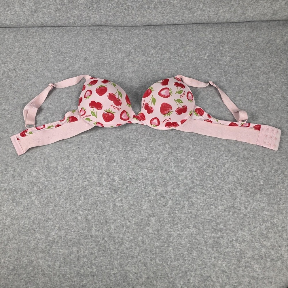 Juicy Couture Bra Womens 34B Pink Fruit Print‎ T Shirt Underwire Padded Straps